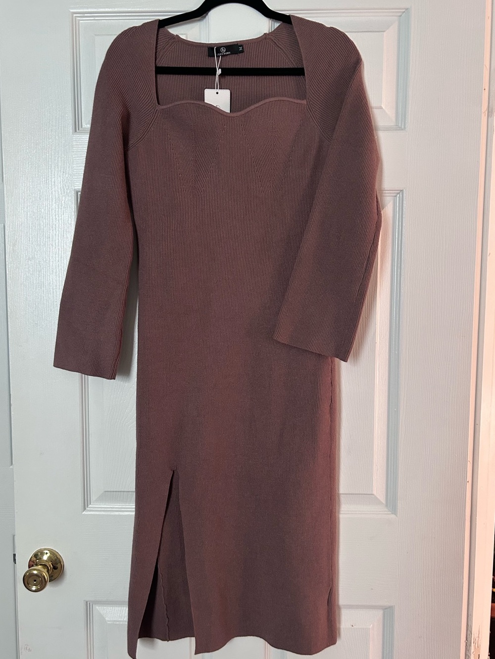 Ribbed Knit Midi Dress in Mauve with Front Slit